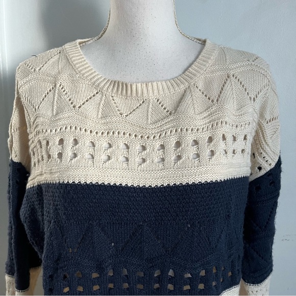 Charming Charlie • Yellow Cream Navy Color Block Striped Sweater - Picture 2 of 5